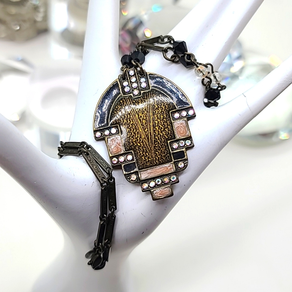 $58 Retired Sweet Romance "ART DECO ENAMEL" Resin Coated Pendant w Crystals!